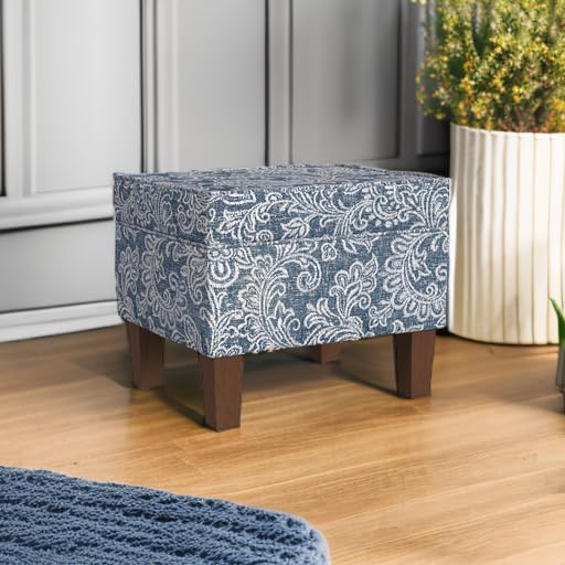 Homepop Home Decor |K7646-A879| Upholstered Modern Rectangular Storage Ottoman | Hinged Lid Ottoman with Storage for Living Room & Bedroom, Blue Denim Jacobean Print