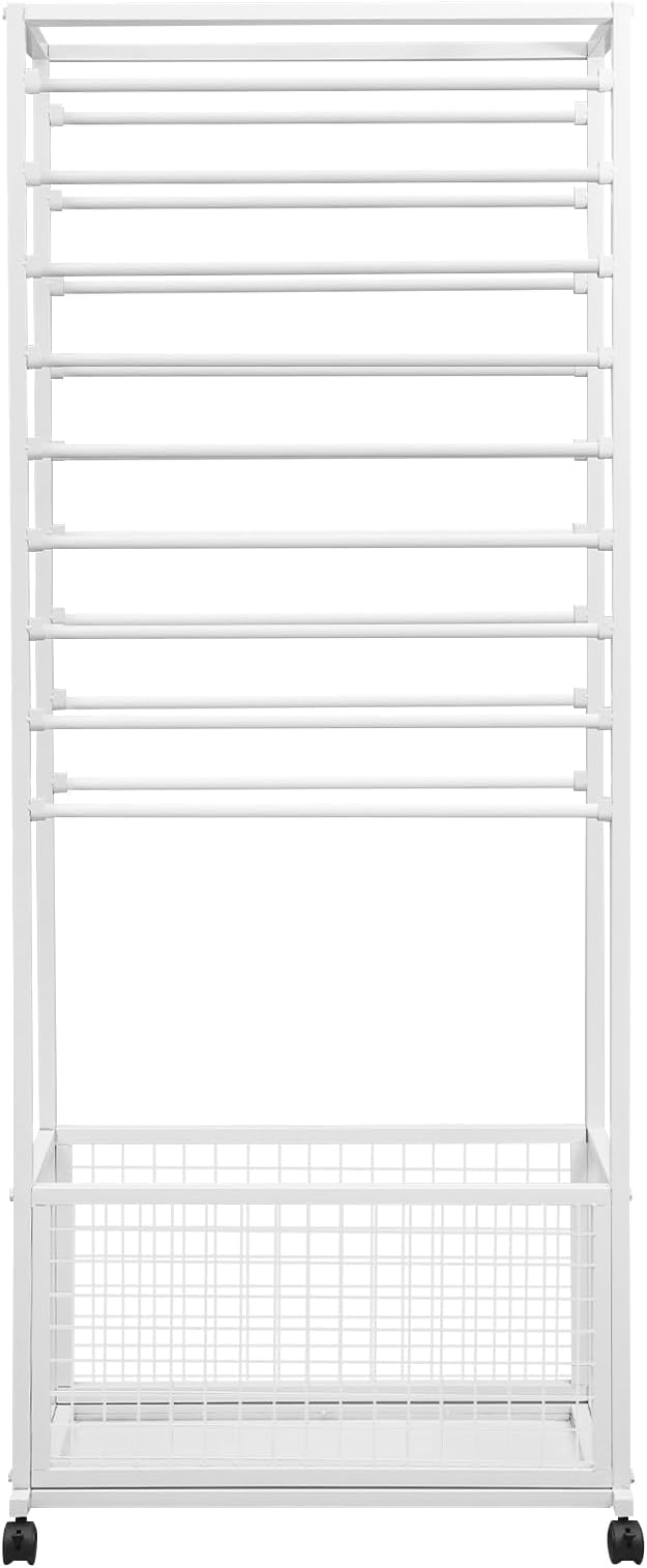 20 Tier Ribbon Holder Organizer Rack, Metal Double-Sided Ribbon Spool Storage Shelf with Wheels, Rolling Flower Wrapping Paper Storage Stand for Craft Room Flower Shop Gift Wrapping(Taller, White)