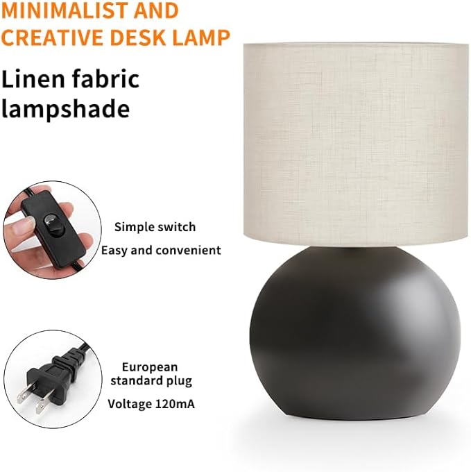 Modern Black Small Table Lamp with Cotton Linen Shade, 10.4-inch LED Desk Light, One-Button Switch for Bedroom, Living Room, Nightstand, Includes Warm Light Bulb
