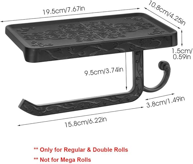 Vintage Toilet Paper Holder Wall Mount Toilet Roll Holder with Shelf and Hook Bronze Antique Bathroom Accessories Toilet Tissue Roll Holder Hanger Aluminum Material (Black)