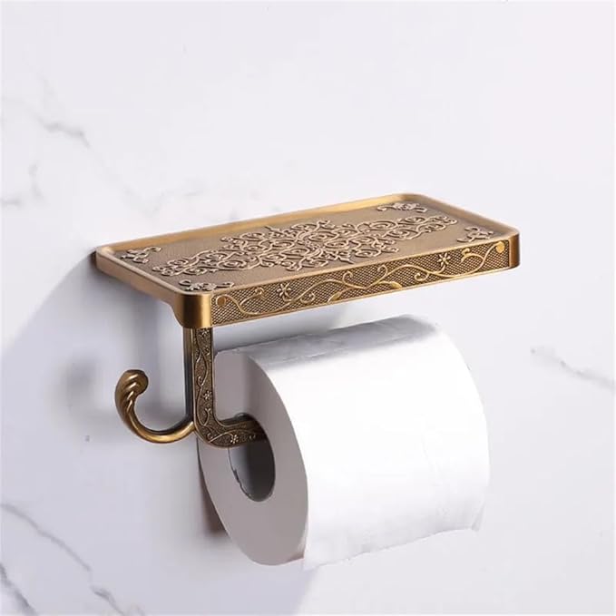 Vintage Toilet Paper Holder Wall Mount Toilet Roll Holder with Shelf and Hook Bronze Antique Bathroom Accessories Toilet Tissue Roll Holder Hanger Aluminum Material (Bronze Finish)