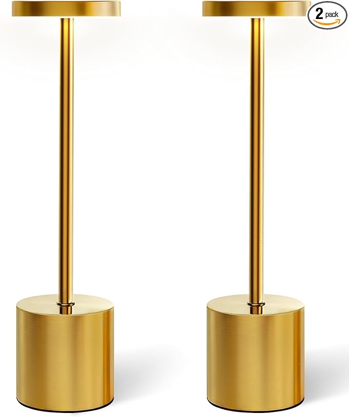 Swinerton Cordless Table Lamp Set of 2, Gold 5000mAh Rechargeable Battery Operated Lamps, Wireless 3 Color Dimmable Touch Lamp Table Light for Restaurant Dining Patio Outdoor, Home Decor