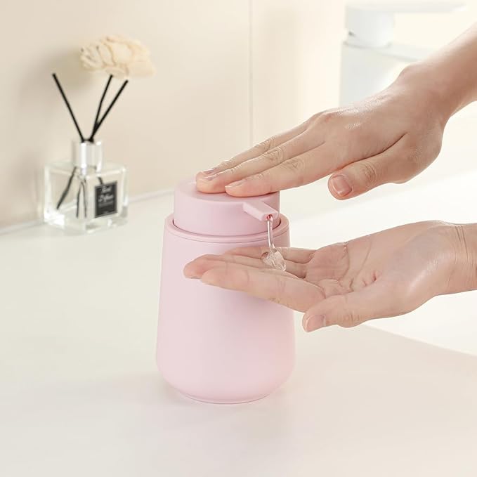 YAUKPH Matte Light Pink Liquid Hand Soap Dispenser Plastic 11 oz - Modern Minimalist Style for Bathroom & Kitchen Countertop Refillable