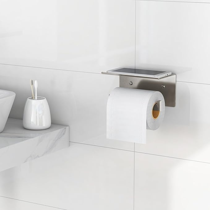 Gypie Toilet Paper Holder with Phone Shelf, Brushed Nickel Toilet Paper Holder Wall Mount, Rustproof Stainless Steel Bathroom Storage