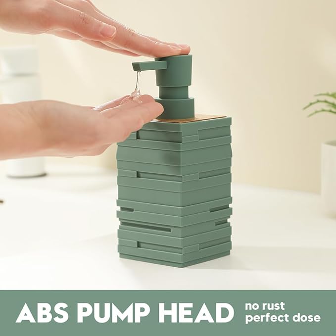 YAUKPH Matte Green Teak Wood Hand Soap Dispenser 10 oz Square for Bathroom and Kitchen Countertops