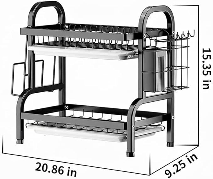 2-Tier Stainless Steel Dish Drying Rack Space Saving Kitchen Organizer for Counter, in-Sink, or Over-Sink Use, Includes Removable Drain Tray, Cutlery Holder,Utensil Holder Black