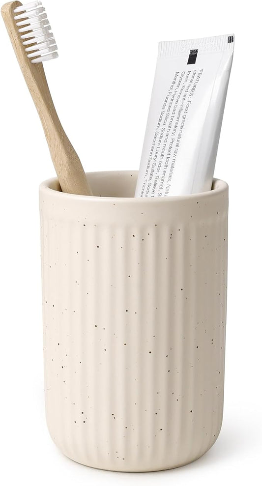 BosilunLife Ceramic Toothbrush Holder - 12oz Bathroom Toothbrush Holder Tooth Brush Holders Tumbler Cups Reusable Toothbrush Mouthwash Cup Small Toothbrush and Toothpaste Holder, Striped Apricot