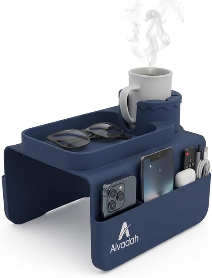 Silicone Couch Cup Holder Tray for Sofa Armrest, Non-Slip Sofa Organizer with Cup Holder, Phone Remote Tablet Storage, Couch Armrest Caddy for Drinks Snacks Living Room (Blue Navy)