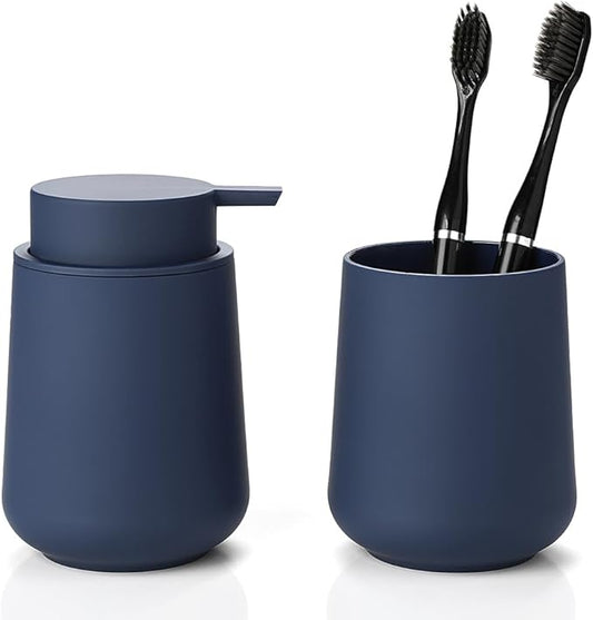 YAUKPH Matte Blue Bathroom Accessories 2 Piece Set Plastic Soap Dispenser and Toothbrush Holder for Modern Bathroom Decor
