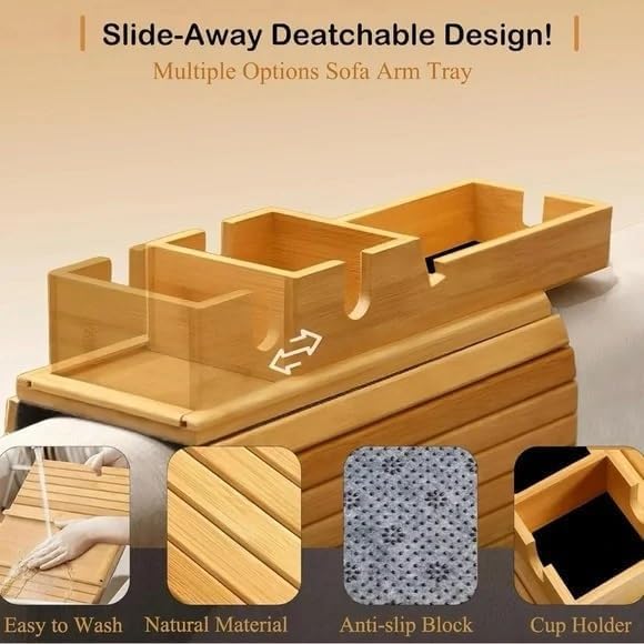 Bamboo Sofa Arm Tray Table with Detachable Couch Cup Holder - Fit for 4.5 Inches Wide Arms, Foldable Nonslip Sofa Armrest Tray for Drink, Snacks & Cell-Phone, TV-Remote – Space-Saving 17.7"x12.8"