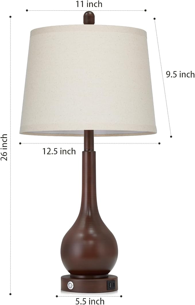 26" Brown Table Lamp Single, Touch Control Bedside Lamp for Bedroom Nightstand, 3-Way Dimmable Farmhouse Lamp for Living Room with Charging Port (1 Pack)