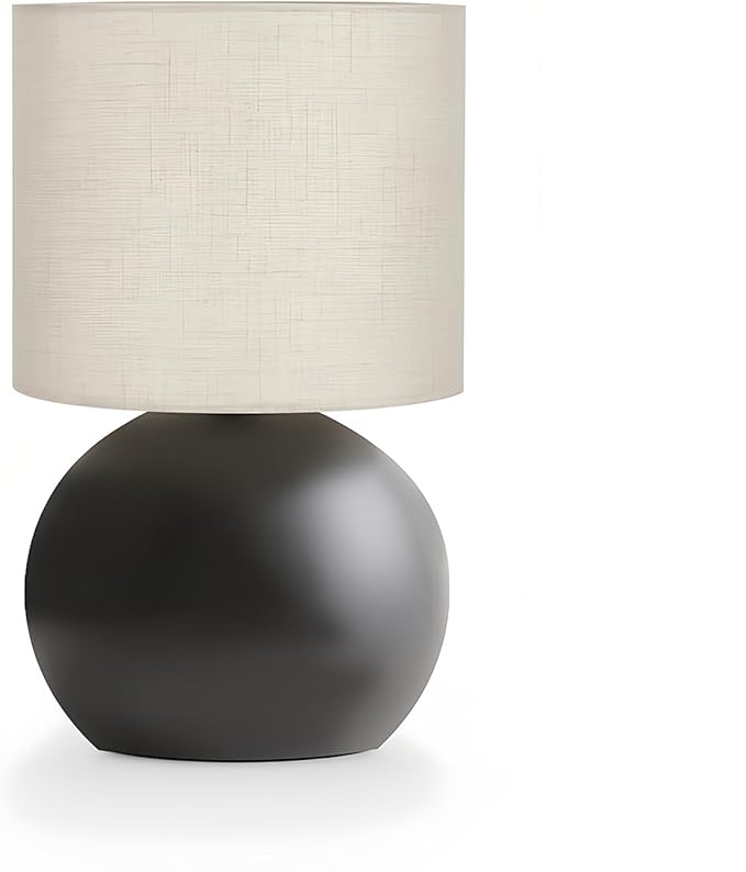 Modern Black Small Table Lamp with Cotton Linen Shade, 10.4-inch LED Desk Light, One-Button Switch for Bedroom, Living Room, Nightstand, Includes Warm Light Bulb