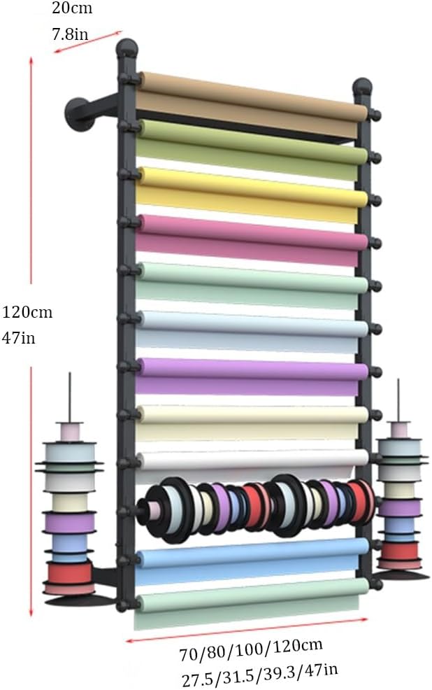 Ribbon Storage Organizer Rack, Wall Mounted Wrapping Paper Organizer, Metal Ribbon Storage for Craft Room Flower Shop Wrapping Paper,Gold 39.3X7.8X47In,White-47x7.8x47in
