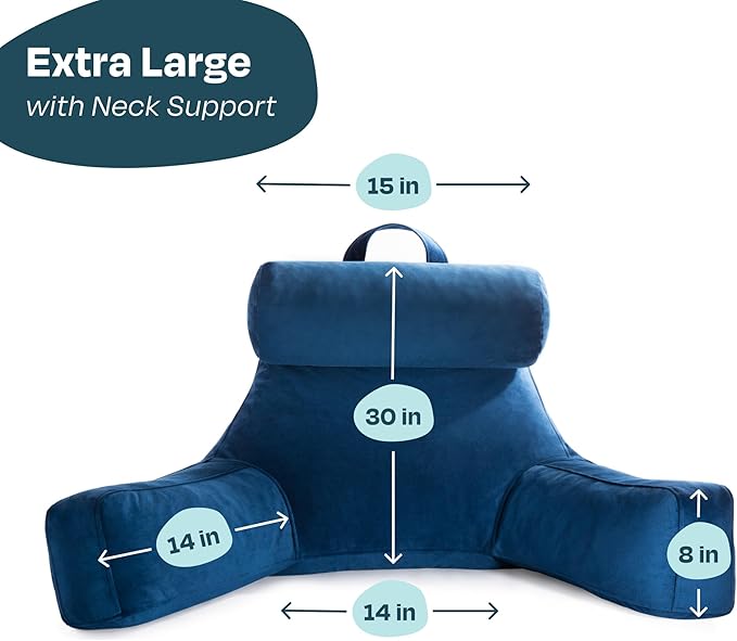 Linenspa Reading Pillow with Shredded Memory Foam- X-Large Size with Neck Support - Back Pillow for Sitting in Bed, Reading, Gaming, Watching TV – Bed Chair with Arms, Dorm Room Essentials, Navy