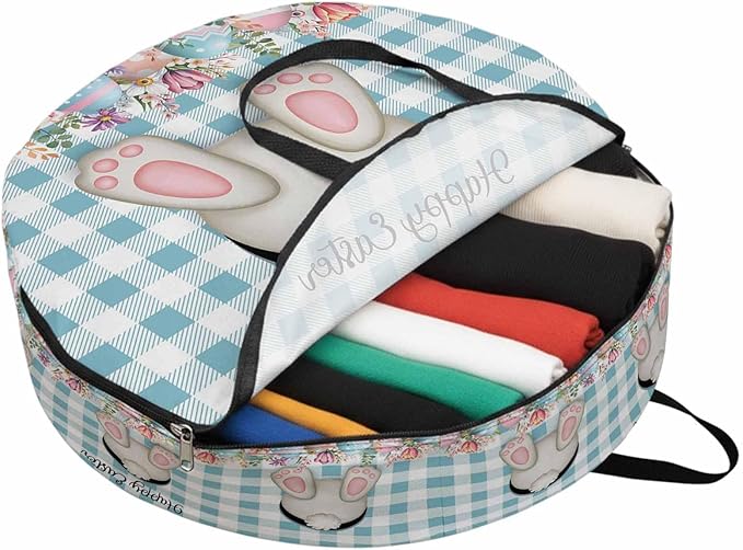 24 Inch Round Storage Bag 1 Pack,Easter Day Bunny Tail Blue Check Waterproof Wreath Storage Container with Handles&Zipper Spring Cute Rabbit White Grid Closet Organizer Bags Garland Box