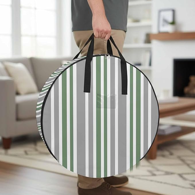 Storage Bag Sage Green Stripes Round Storage Totes Bins Closet Organizers with Zippers & Handle Grey Striped Lines Clothes Storage Container for Bedroom Dorm Space Saving Packing Supplies Moving Bags