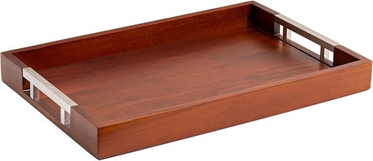 Acacia Wood Serving Tray with Silver Stainless Steel Metal Handles, 17.5x12 Food Drinks Tray for Coffee Table, Breakfast, Dinner & Bar, Decorative Storage Tray for Ottoman, Kitchen, by Home Redefined