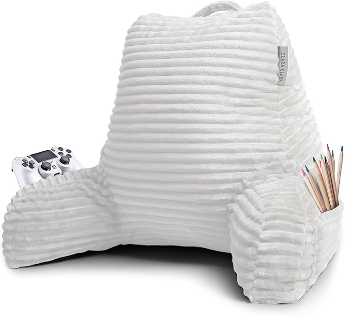 Clara Clark Reading Pillow for Bed Adult –Back Pillow for Sitting in Bed, Standard Plush Bed Pillows for Sitting Up in Bed, Shredded Foam Bed Chair Pillow with Arms and Pockets, White Bed Rest Pillow