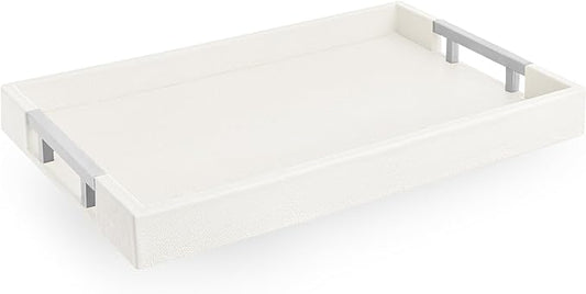 Modern Elegant 17.5"x12" White Rectangle Shagreen Faux Leather Decorative Tray Ottoman Coffee Table Perfume Living Room Kitchen Serving Tray with Silver Metal Handles for All Occasion's