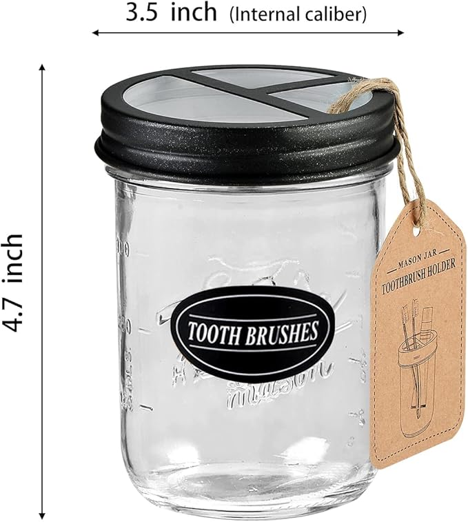 Mason Jar Toothbrush Holder -Black - with 16 Ounce Mason Jar,Premium Rustproof 304 Stainless Steel Lid and Chalkboard Labels - Rustic Farmhouse Decor Black Bathroom Accessories