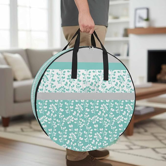 Storage Bag Aqua Grey Leaves Round Storage Totes Bins Closet Organizers with Zippers & Handle Stitching Stripes Clothes Storage Container for Bedroom Dorm Space Saving Packing Supplies Moving Bags