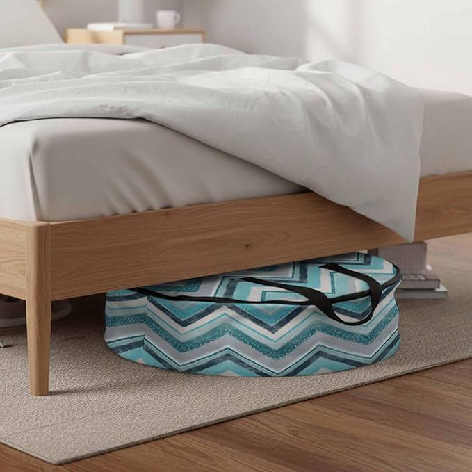 Storage Bag Aqua Turquoise Chevron Round Storage Totes Bins Closet Organizers with Zippers & Handle Geometric Design Stripe Clothes Storage Container for Bedroom Dorm Space Saving Packing Supplies