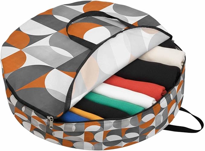 Storage Bag Mid Century Geometric Round Storage Totes Bins Closet Organizers with Zippers & Handle Abstract Modern Orange Clothes Storage Container for Bedroom Dorm Space Saving Packing Supplies Bags