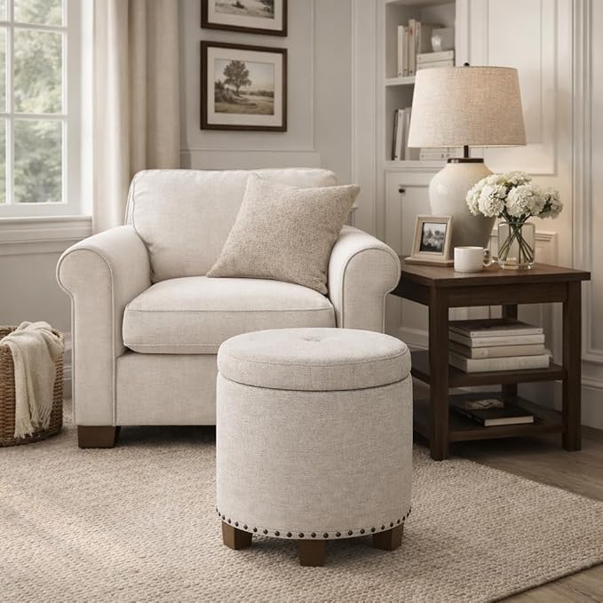 Homepop Home Decor | Upholstered Round Storage Ottoman with Nailheads| Ottoman with Storage for Living Room & Bedroom, Light Brown Fabric