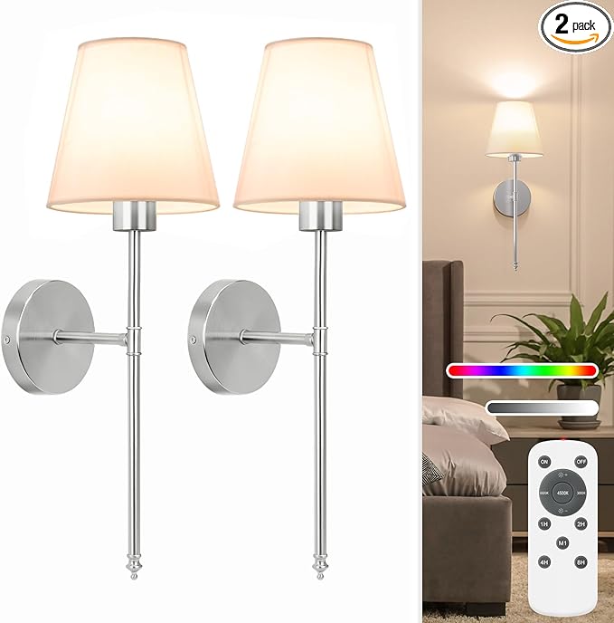 NIORSUN 19.9 inch Battery Operated Wall Sconce Set of 2,Brushed Nickel Rechargeable Wall Lights with 5200mAh Dimmable Detachable Bulbs and Remote,10 Colors Wireless Sconces for Bedroom Living Room