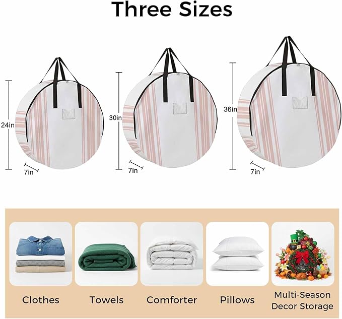 Storage Bag Pink Stripes Round Storage Totes Bins Closet Organizers with Zippers & Handle Simple Style Clothes Storage Container for Bedroom Dorm Space Saving Packing Supplies Moving Bags