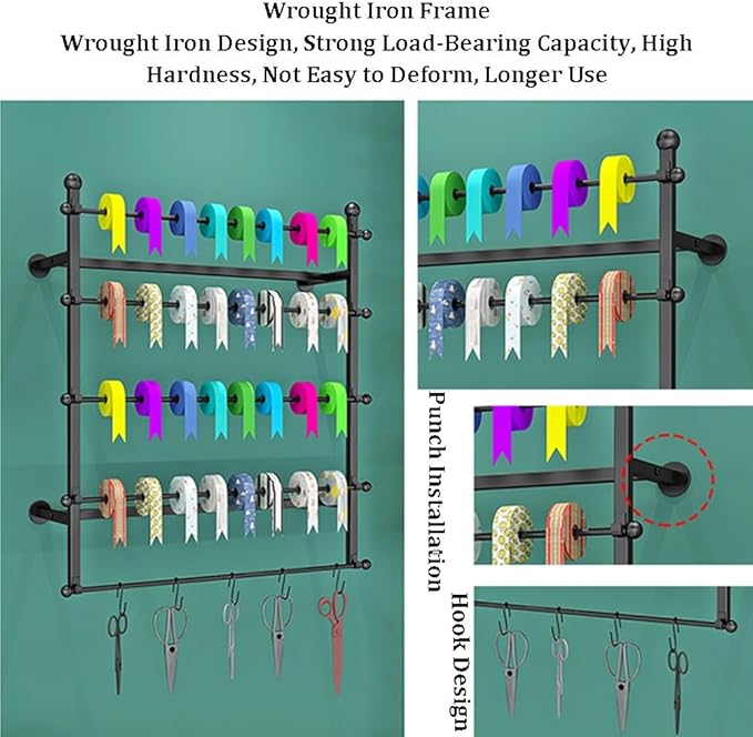 5tier Wall Mounted Ribbon Rack, Metal Gift Wrapping Paper Display Holder, Wrapping Paper Scarf Tie Belt Towel Storage Stand for Craft Room Florist Bedroom，Gold 80x12x80cm
