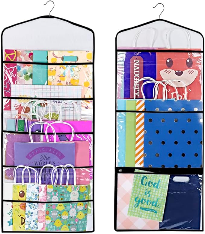 ProPik Hanging Double Sided Gift Bag Storage Organizer with Multiple Front and Back Pockets Organize Your Gift Wrap, Tissue Paper, and Paper Bags 38 x 16 Inch PVC (Black)