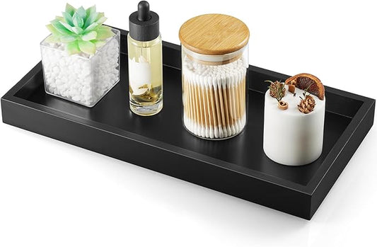 ALELION 13" Bathroom Vanity Tray for Counter - Black Wood Tray for Toilet Tank Makeup Perfume Jewelry Catchall Coffee Table - Wooden Kitchen Countertop Organizer for Soap Dispenser