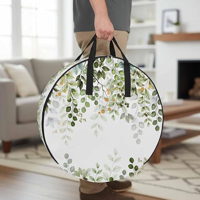 Storage Bag Sage Green Eucalyptus Leaves Round Storage Totes Bins Closet Organizers with Zippers & Handle Berry Branch Nature Plant Clothes Storage Container for Bedroom Space Saving Packing Supplies