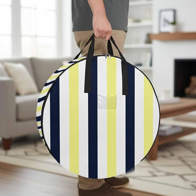 Storage Bag Navy Blue Yellow Stripes Round Storage Totes Bins Closet Organizers with Zippers & Handle Contrast Striped Clothes Storage Container for Bedroom Dorm Space Saving Packing Supplies Bags