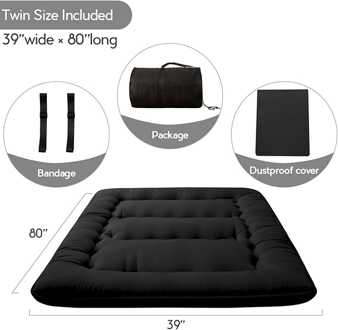 MAXYOYO Japanese Floor Mattress Futon Mattress, 4" Thicken Tatami Mat Sleeping Pad Foldable Roll Up Mat Boys Girls Dormitory Pad Kids Floor Lounger, Black, Twin Size
