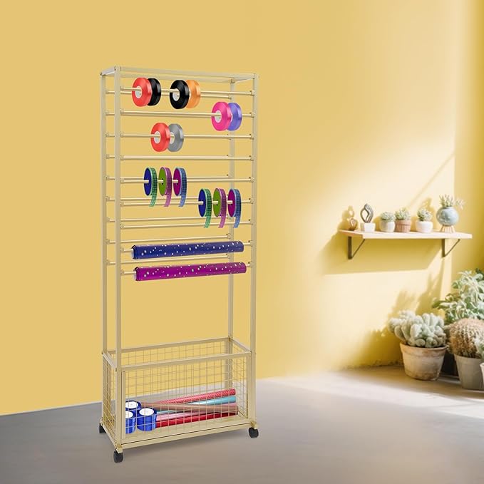Mobile Ribbon Holder Double-Sided Ribbon Organizer Rack with 20 Hanging Rods Multifunctional Flower Wrapping Paper Storage Stand with Lockable Wheels Wrapping Paper Rack (26.38*12.6*66.93in, Gold)