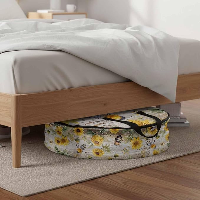 Summer Sunflower Bee Round Storage Bag 24 Inch, Yellow Floral Plants Wood Grain Rustic Clothes Storage Container with Handles Heavy Duty Organizer for Comforter, Bedding & Holiday Wreaths