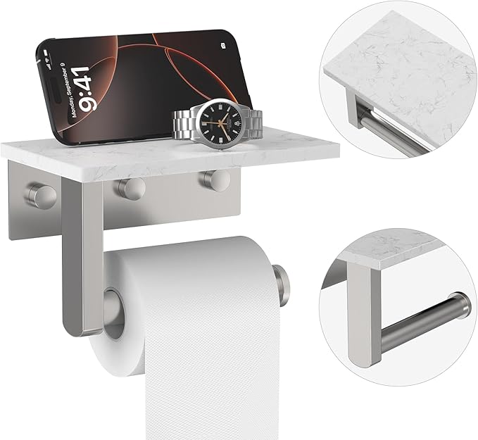 Toilet Paper Holder with Marble Shelf, 304 Stainless Steel Tissue Hand Holder Wall Mounted Toilet Paper Roll Hold with Phone Shelf for Bathroom Kitchen Washroom Bedroom, Brushed Nickel