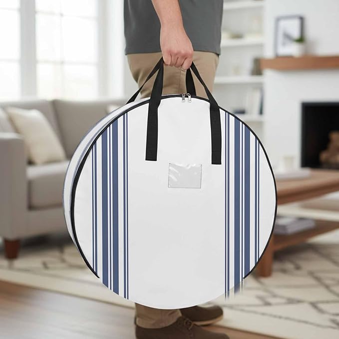 Storage Bag Blue White Striped Round Storage Totes Bins Closet Organizers with Zippers & Handle Farmhouse Striped Clothes Storage Container for Bedroom Dorm Space Saving Packing Supplies Moving Bags