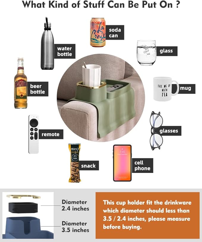 Couch Cup Holder Tray, Elimiko Silicone Anti-Spill and Anti-Slip Couch Drink Holder, Strong and Weighted Phone/Remote/Snacks Sofa Cup Holder (Brown)