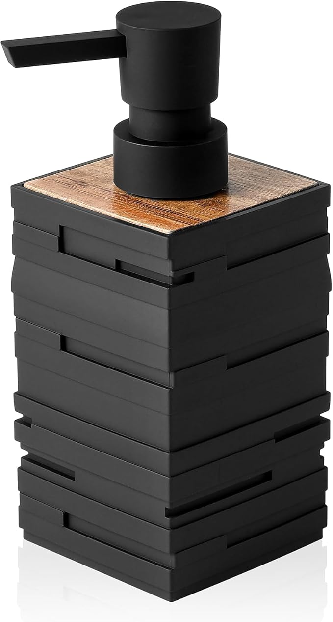 YAUKPH Matte Black Teak Wood Hand Soap Dispenser 10 oz Square for Bathroom and Kitchen Countertops