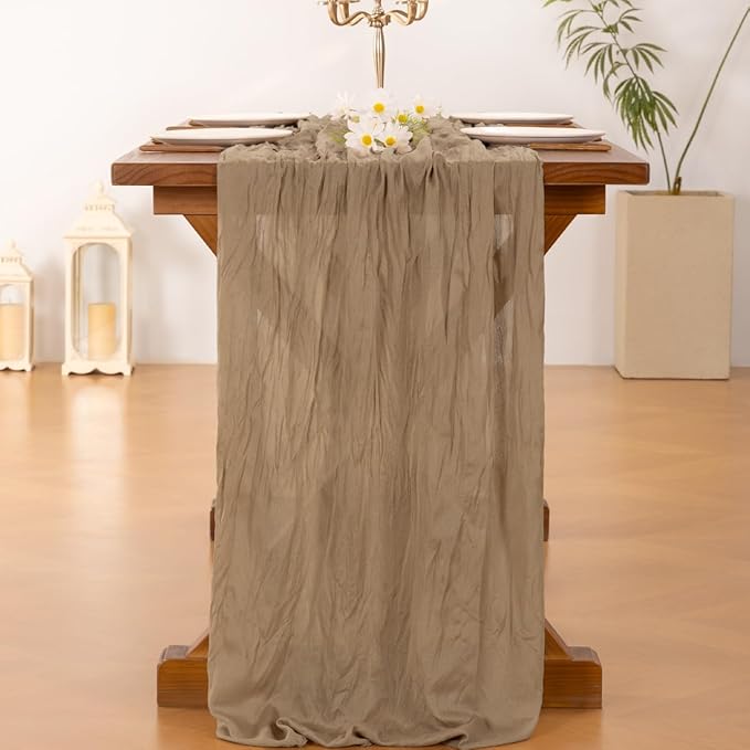 Socomi 6pcs Nude Brown Cheesecloth Table Runner Easter Spring Boho Rustic Gauze 120 inch 10FT Cheese Cloth Runner for Wedding Party Baby Shower Birthday Home Decor Holiday Decorations
