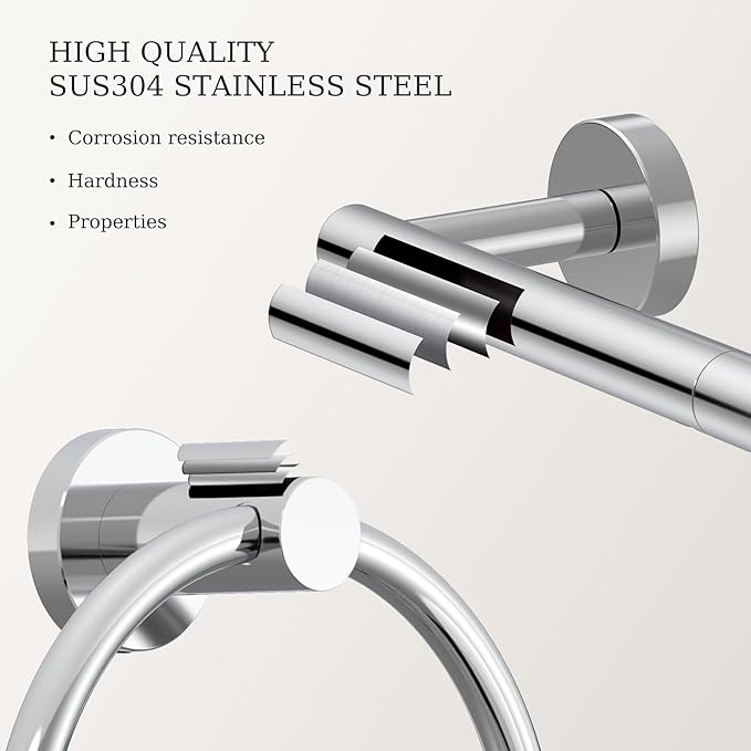 Toilet Paper Holder & Towel Holder, Bathroom Hardware Set-SUS304 Stainless Steel Double Post Pivoting Tissue Roll Holder and Hand Towel Ring Set for Bathroom, RV, Chrome