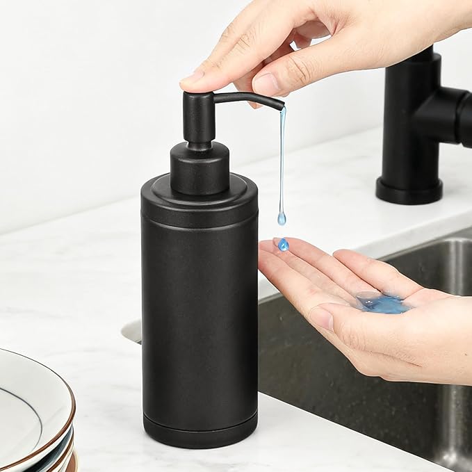 Countertop Hand Soap Dispenser, Refillable Stainless Steel Soap Pump Bottle for Bathroom & Kitchen, Free Standing - 300ml, Black