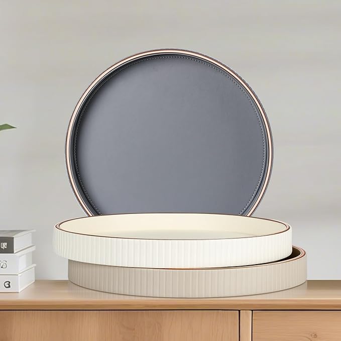 GORESE 12" Round Decorative Serving Tray for Coffee Table, PU Leather Compact Table Tray for Home Decor, Nightstand Valet Tray for Jewelry, Perfume & Keys, Cream White