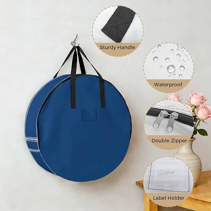 Solid Color Round Storage Bag 36 Inch, Navy Blue Clothes Storage Container with Handles Heavy Duty Organizer for Comforter, Bedding & Holiday Wreaths
