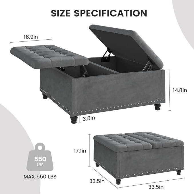 FUXA 35 Inch Large Square Ottoman with Storage, Oversized Ottoman Coffee Table with Lift Top and Wood Legs, Tufted Upholstered Storage Ottoman Bench for Living Room (Gray)