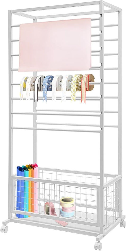 Mobile Ribbon Holder Double-Sided Ribbon Organizer Rack with 16 Hanging Rods Multifunctional Flower Wrapping Paper Storage Stand with Lockable Wheels Wrapping Paper Rack (26.38*12.99*59.06in, White)
