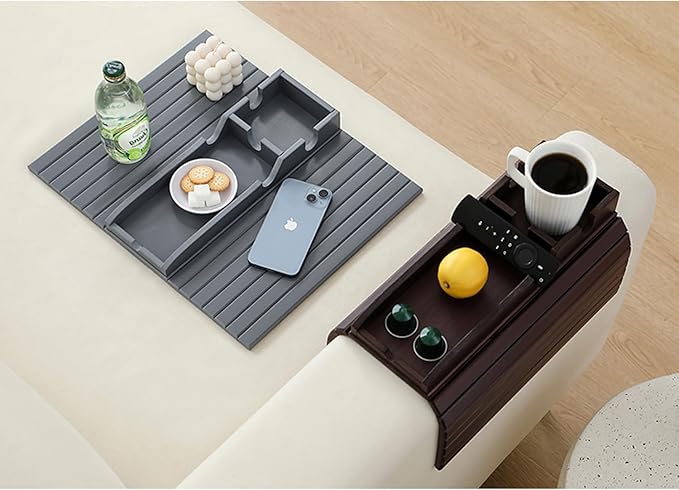 Bamboo Couch Cup Holder Arm Tray，Foldable Couch Drink Holder Armrest Table，Sofa Arm Rest Tray，Flexible Arm Chair Table Recliners for Drink,Cups, Snacks, Phone, Remote (Grey)